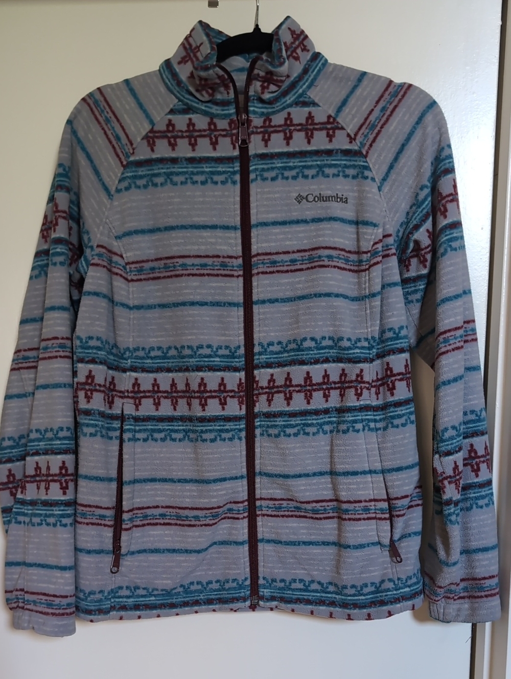 Columbia Fleece Jacket with Teal & Burgundy Stripes